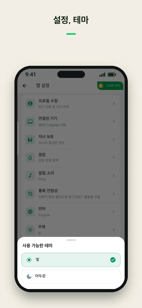 설정, 테마 — Haydai