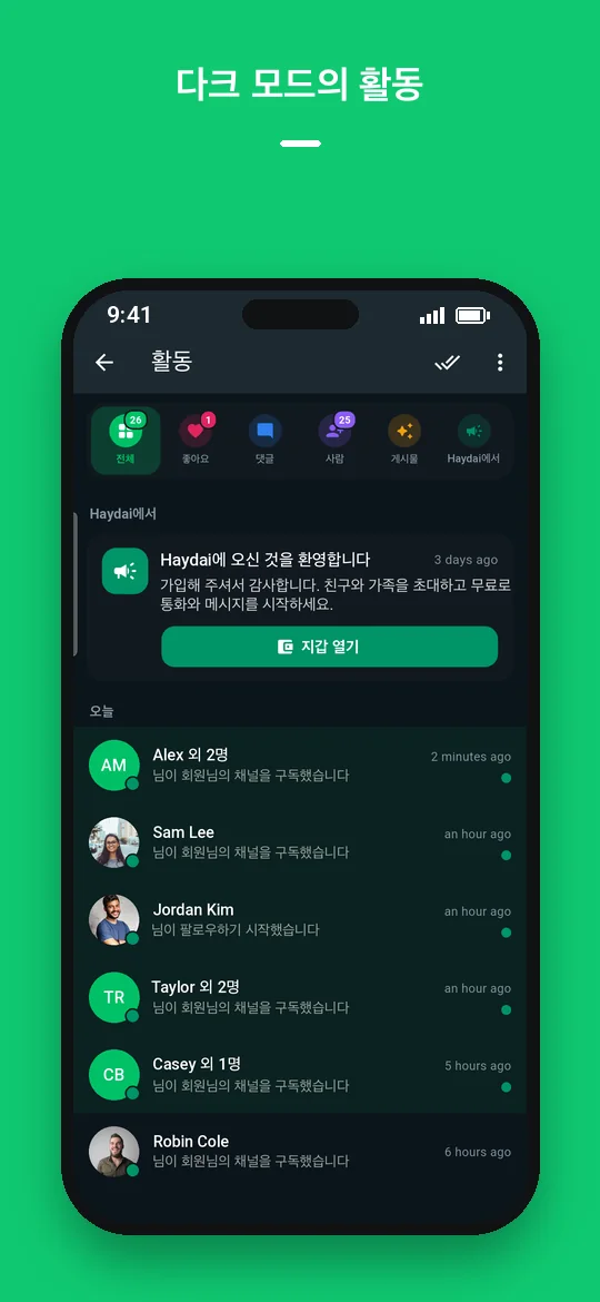 다크 모드의 활동 — Haydai