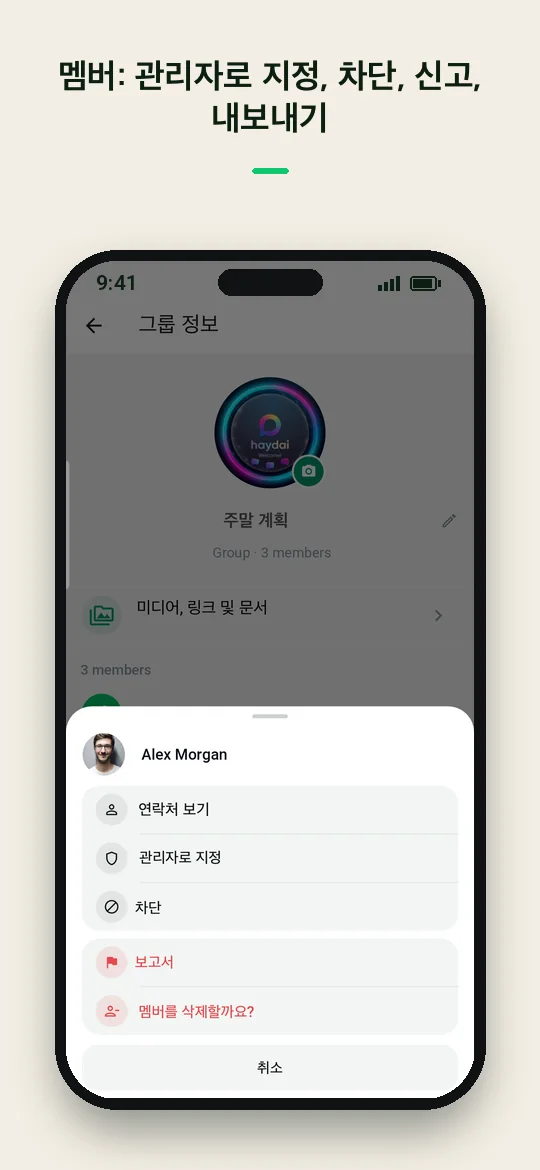 멤버: 관리자로 지정, 차단, 신고, 내보내기 — Haydai