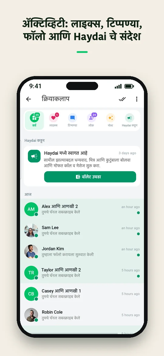 अ‍ॅक्टिव्हिटी: लाइक्स, टिप्पण्या, फॉलो आणि Haydai चे संदेश — Haydai