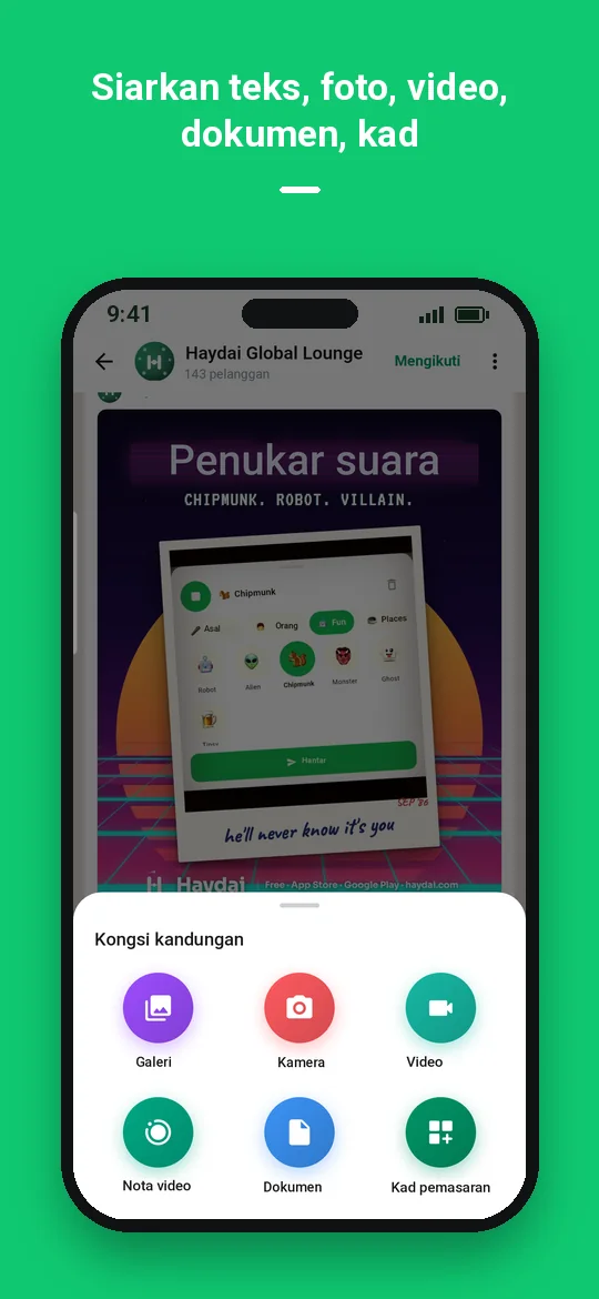 Siarkan teks, foto, video, dokumen, kad — Haydai