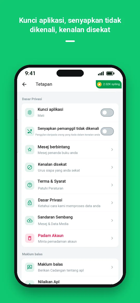 Kunci aplikasi, senyapkan tidak dikenali, kenalan disekat — Haydai