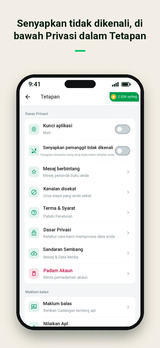 Senyapkan tidak dikenali, di bawah Privasi dalam Tetapan — Haydai