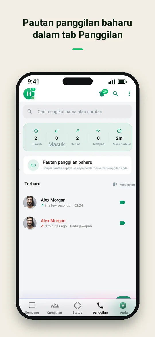 Pautan panggilan baharu dalam tab Panggilan — Haydai