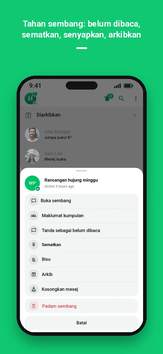 Tahan sembang: belum dibaca, sematkan, senyapkan, arkibkan — Haydai