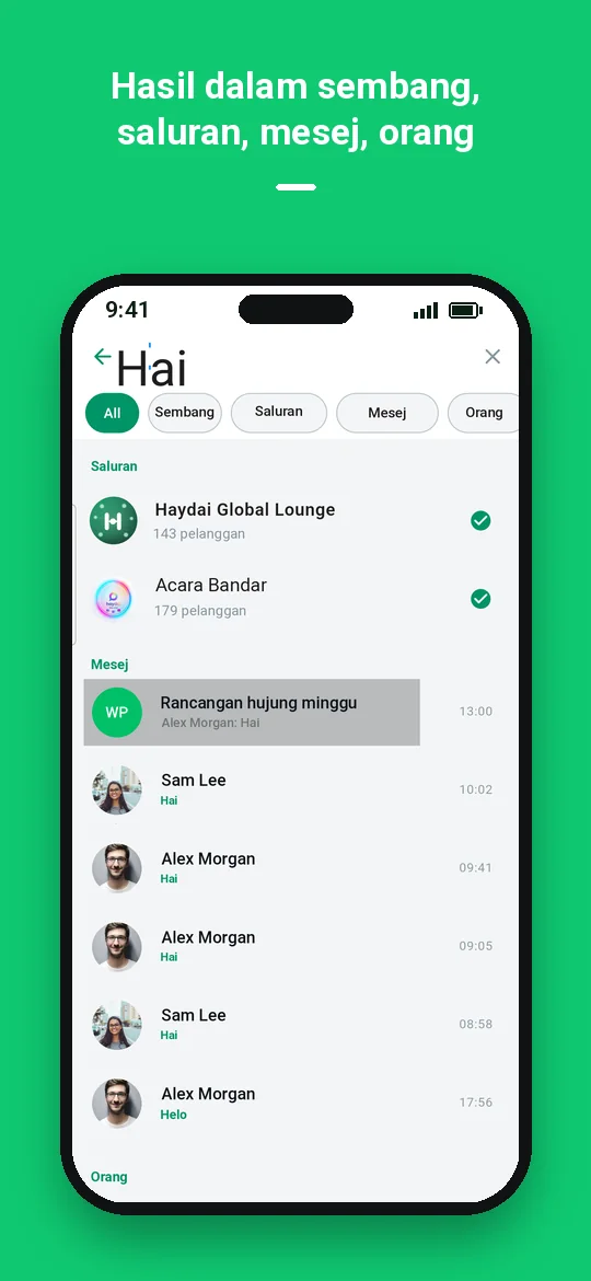 Hasil dalam sembang, saluran, mesej, orang — Haydai
