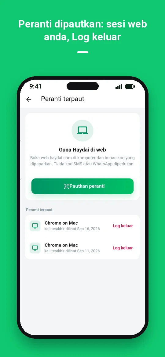 Peranti dipautkan: sesi web anda, Log keluar — Haydai
