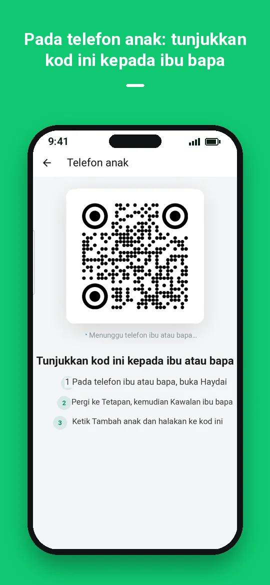 Pada telefon anak: tunjukkan kod ini kepada ibu bapa — Haydai