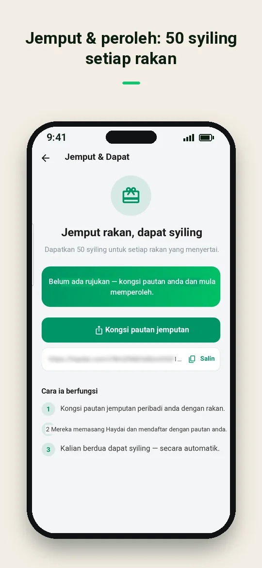 Jemput & peroleh: 50 syiling setiap rakan — Haydai