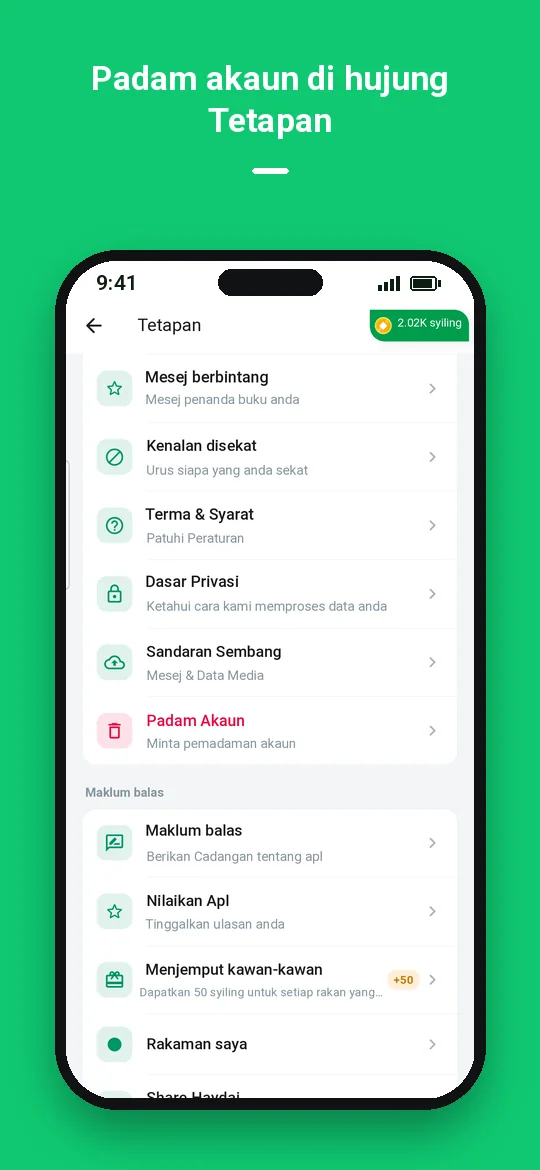 Padam akaun di hujung Tetapan — Haydai