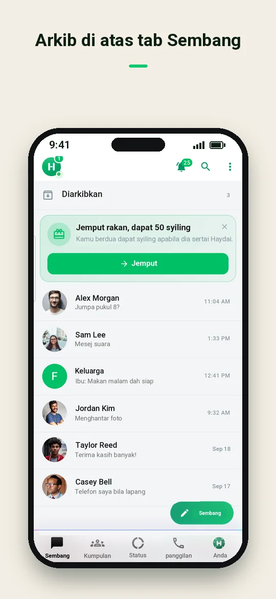 Arkib di atas tab Sembang — Haydai