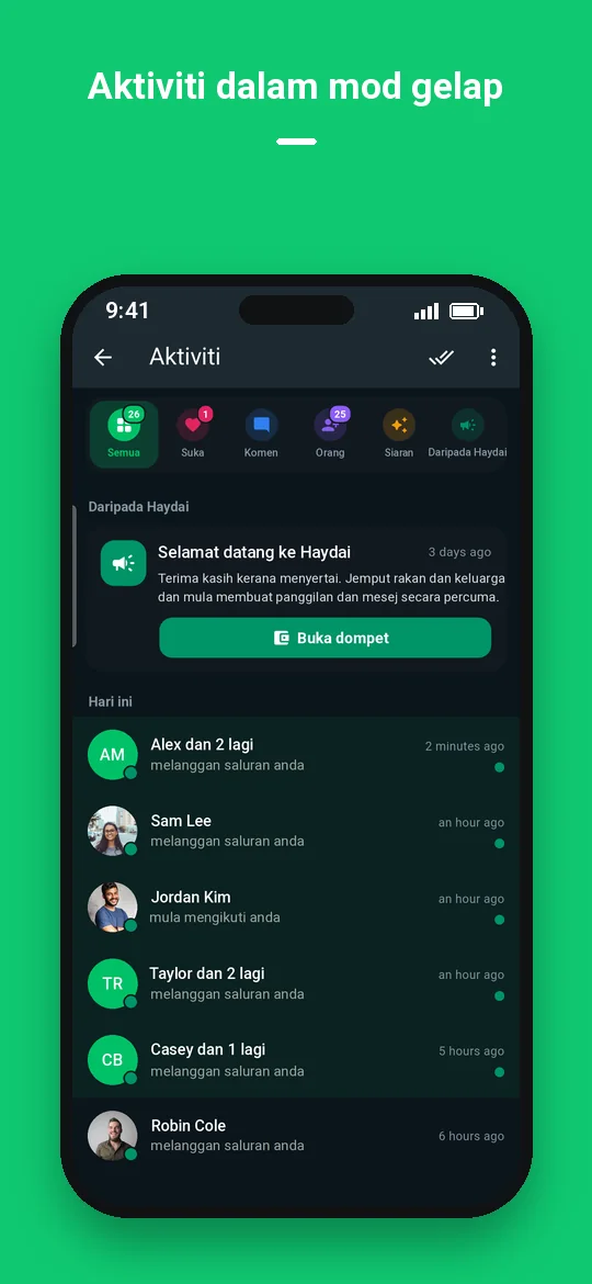 Aktiviti dalam mod gelap — Haydai