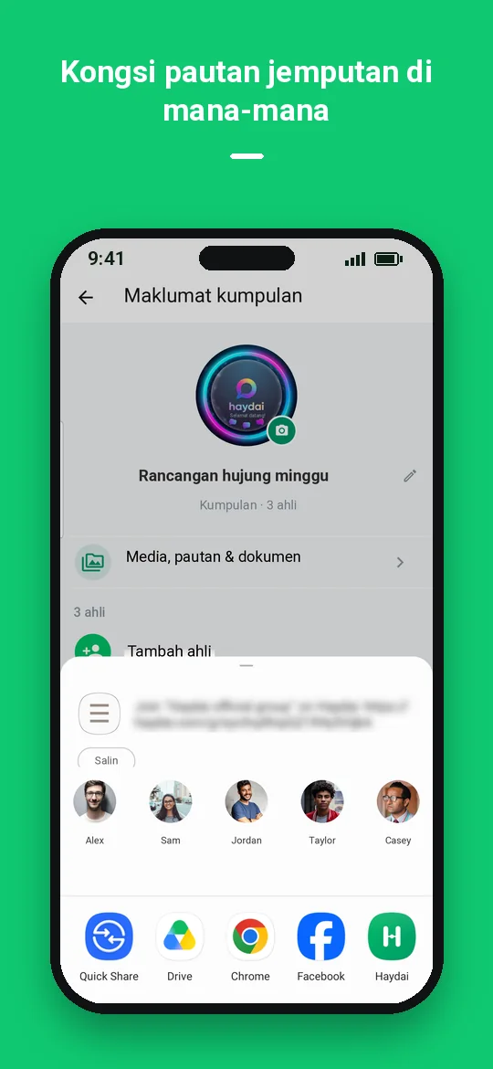 Kongsi pautan jemputan di mana-mana — Haydai