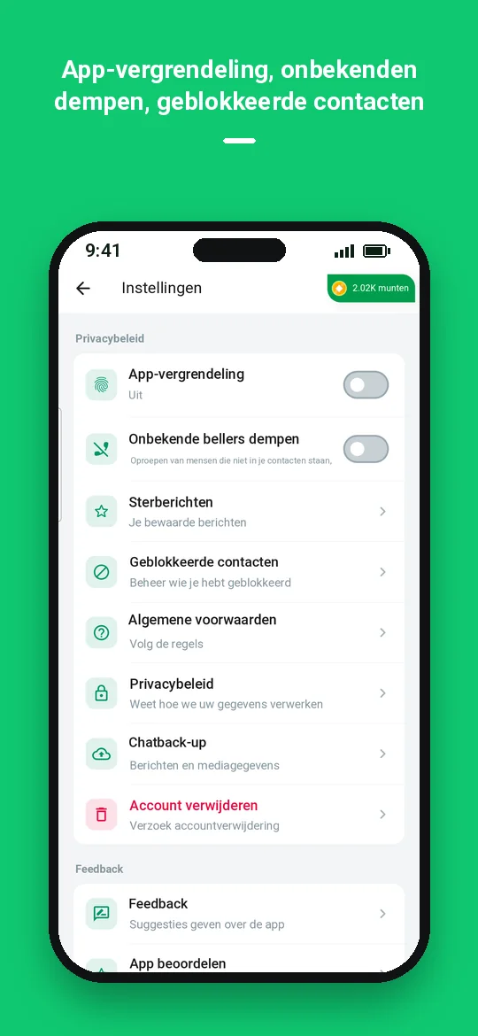 App-vergrendeling, onbekenden dempen, geblokkeerde contacten — Haydai