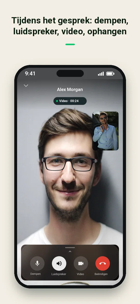 Tijdens het gesprek: dempen, luidspreker, video, ophangen — Haydai