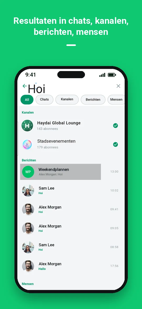 Resultaten in chats, kanalen, berichten, mensen — Haydai