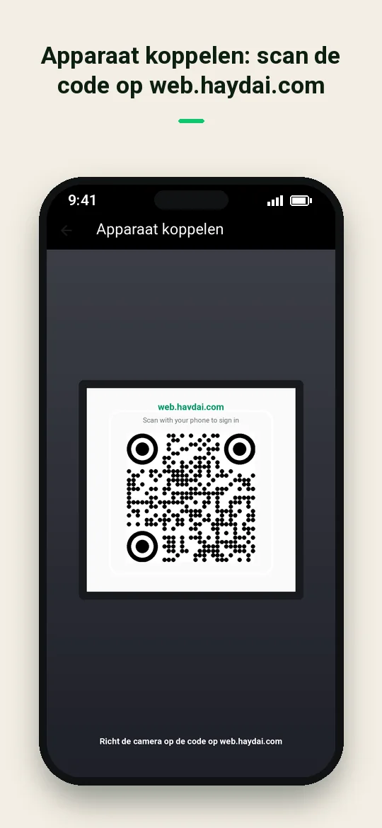 Apparaat koppelen: scan de code op web.haydai.com — Haydai