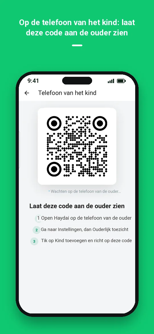 Op de telefoon van het kind: laat deze code aan de ouder zien — Haydai