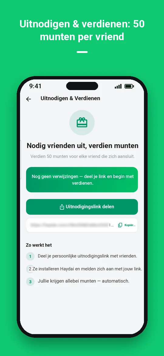 Uitnodigen & verdienen: 50 munten per vriend — Haydai