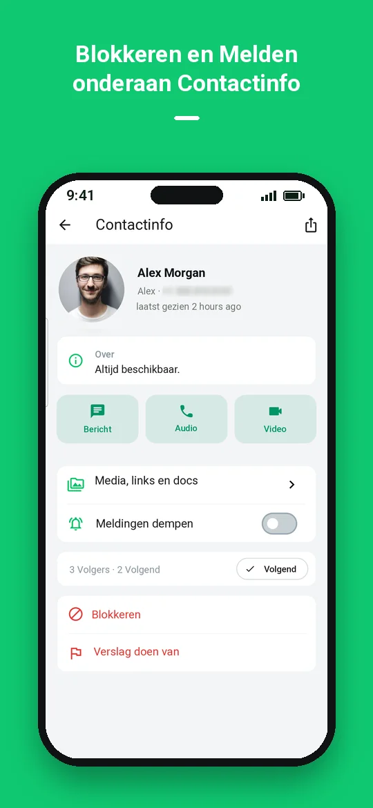 Blokkeren en Melden onderaan Contactinfo — Haydai