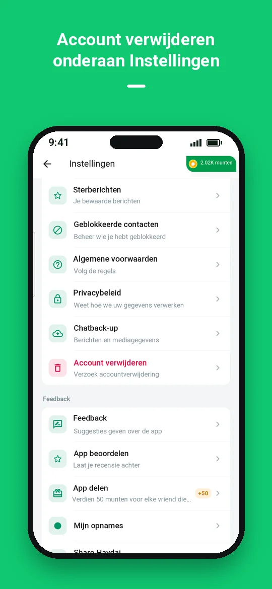 Account verwijderen onderaan Instellingen — Haydai