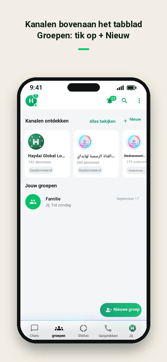 Kanalen bovenaan het tabblad Groepen: tik op + Nieuw — Haydai