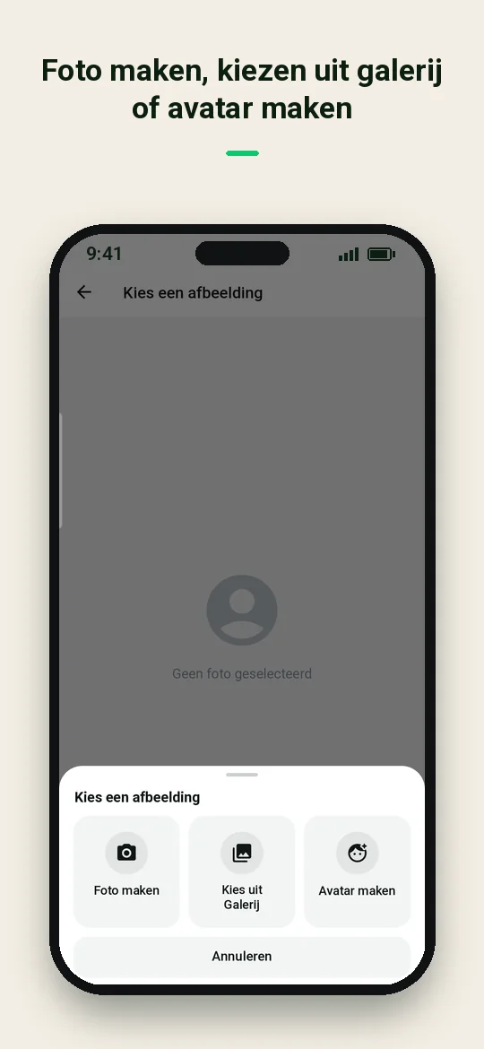 Foto maken, kiezen uit galerij of avatar maken — Haydai
