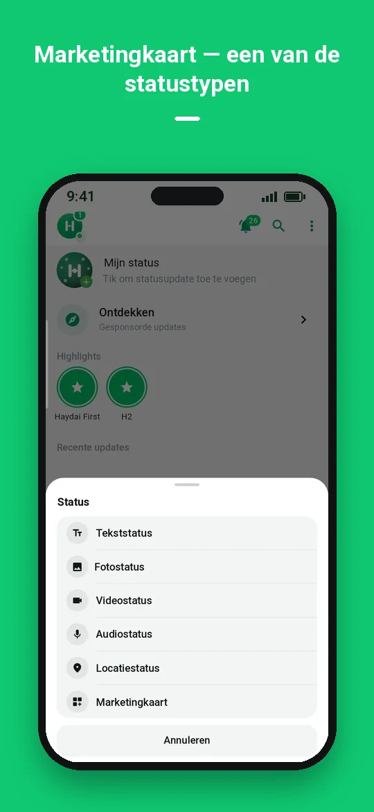 Marketingkaart — een van de statustypen — Haydai