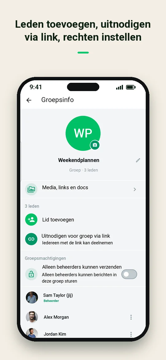 Leden toevoegen, uitnodigen via link, rechten instellen — Haydai