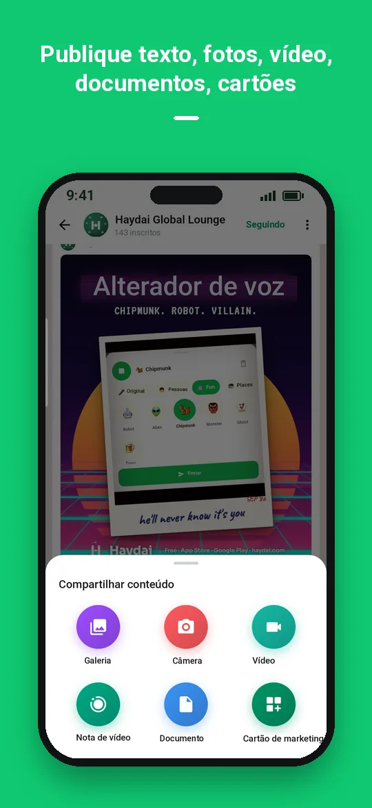 Publique texto, fotos, vídeo, documentos, cartões — Haydai