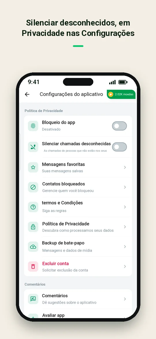 Silenciar desconhecidos, em Privacidade nas Configurações — Haydai