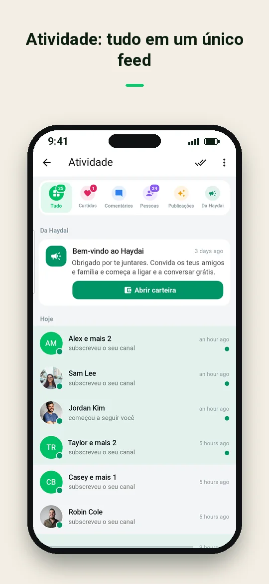 Atividade: tudo em um único feed — Haydai