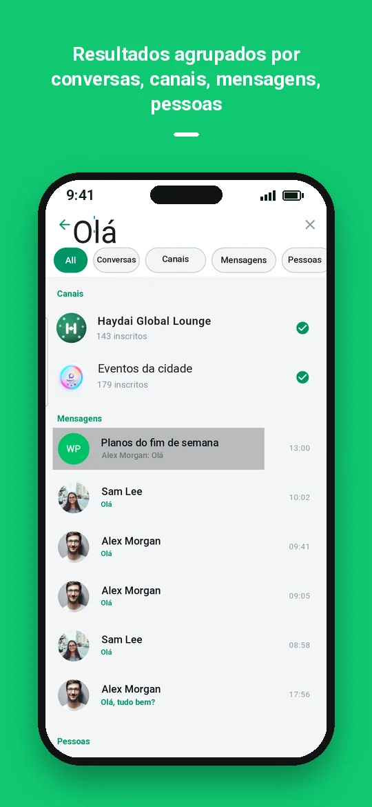 Resultados agrupados por conversas, canais, mensagens, pessoas — Haydai