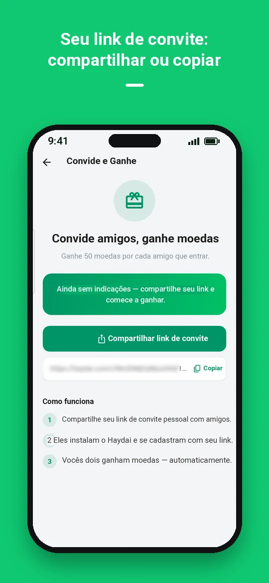 Seu link de convite: compartilhar ou copiar — Haydai