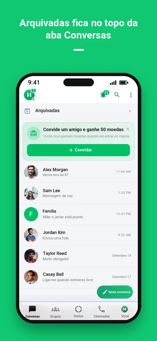 Arquivadas fica no topo da aba Conversas — Haydai