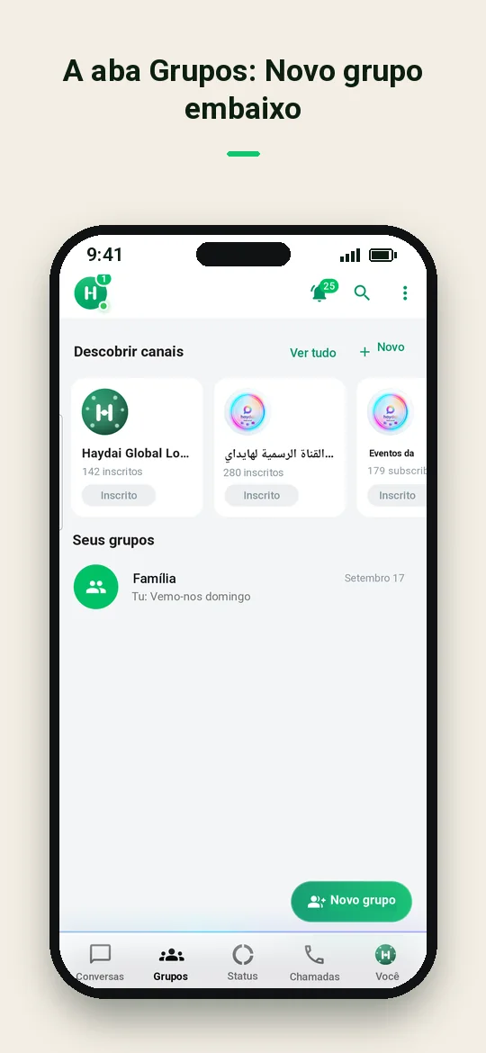 A aba Grupos: Novo grupo embaixo — Haydai