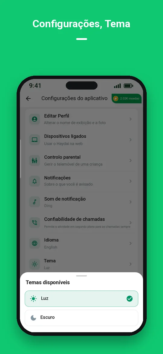 Configurações, Tema — Haydai