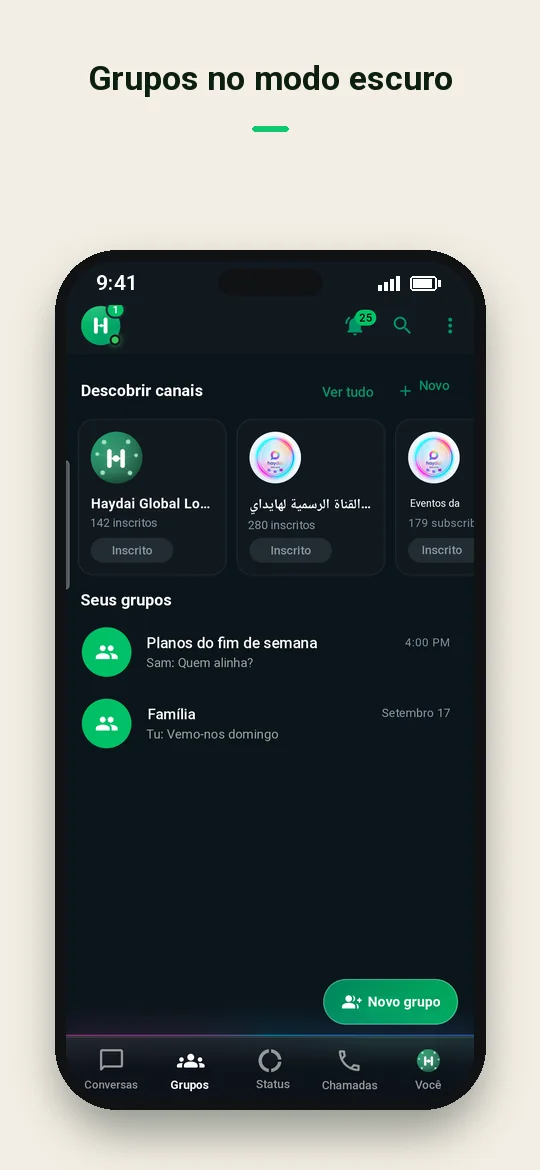 Grupos no modo escuro — Haydai