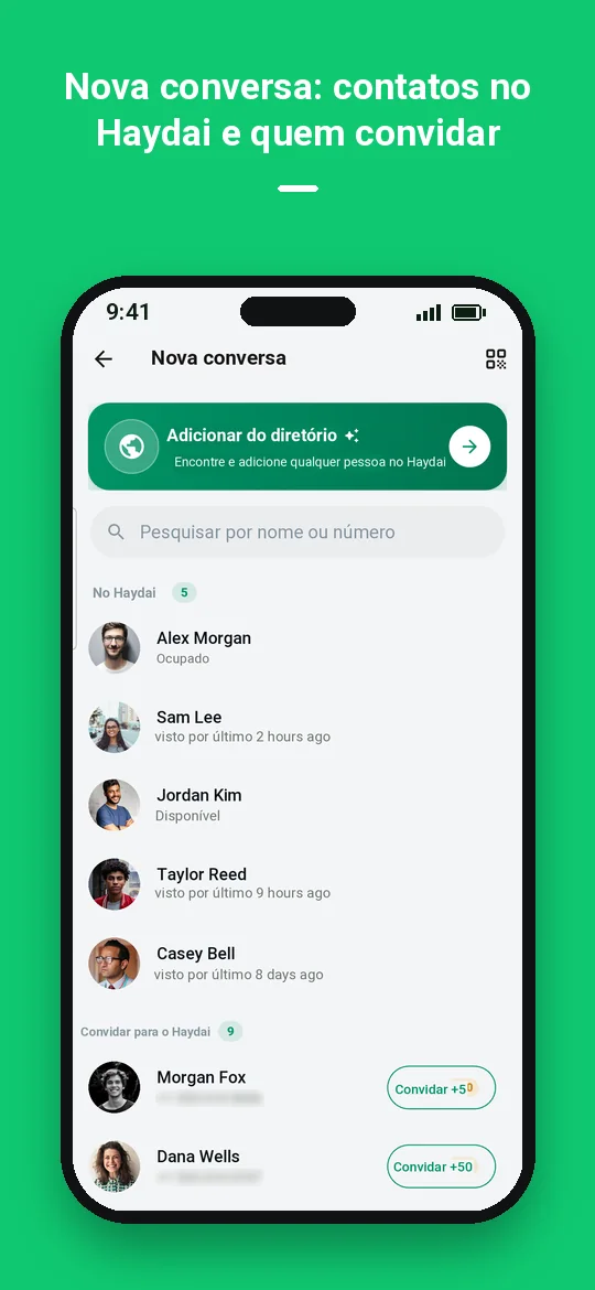 Nova conversa: contatos no Haydai e quem convidar — Haydai