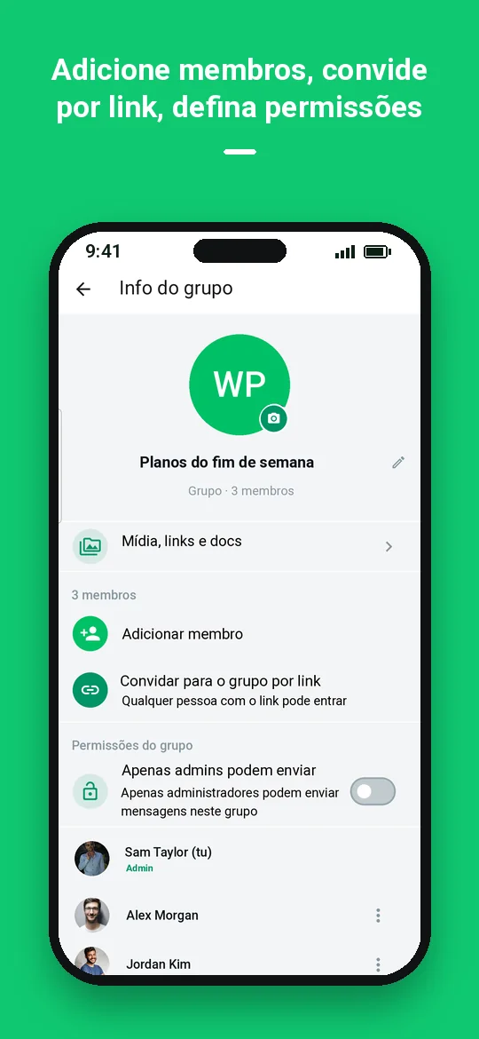 Adicione membros, convide por link, defina permissões — Haydai