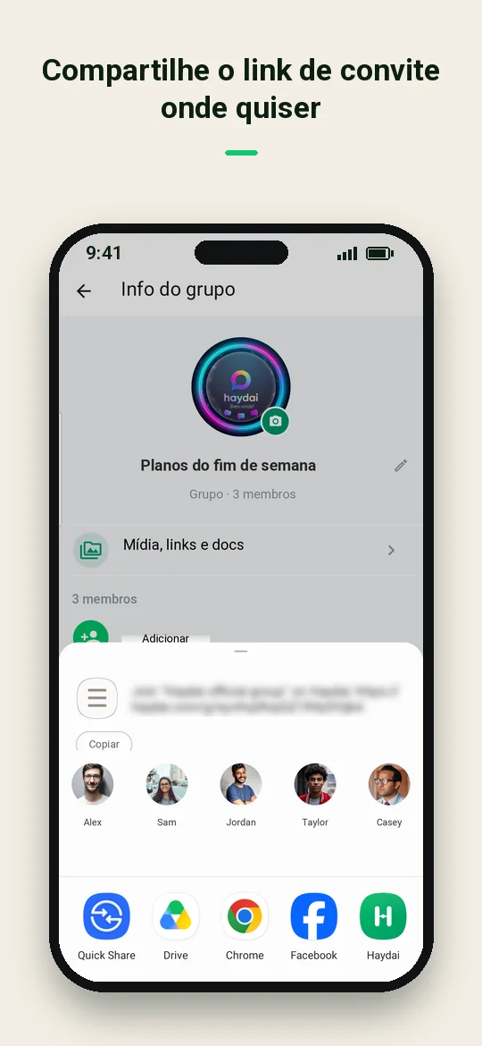 Compartilhe o link de convite onde quiser — Haydai