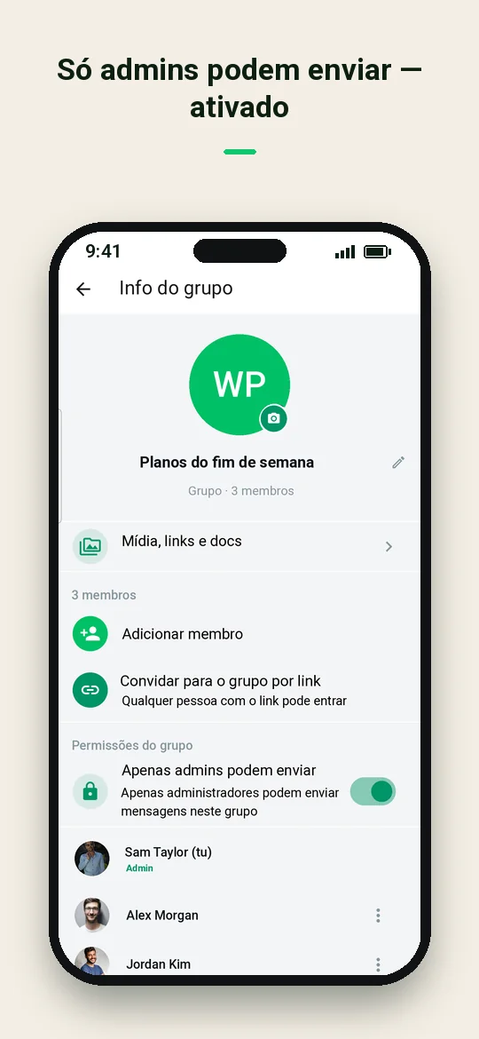 Só admins podem enviar — ativado — Haydai