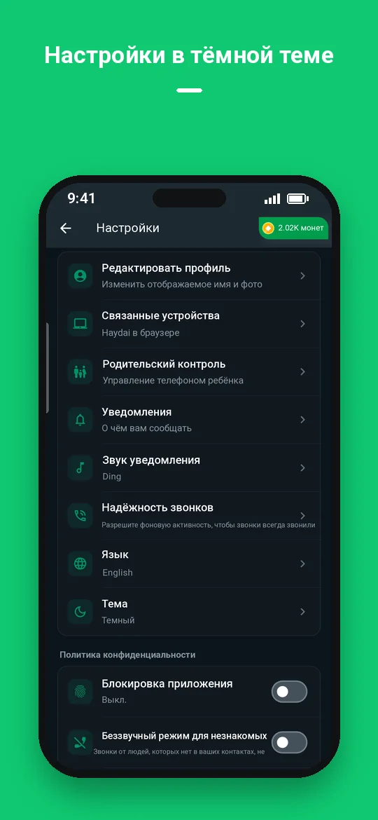 Настройки в тёмной теме — Haydai