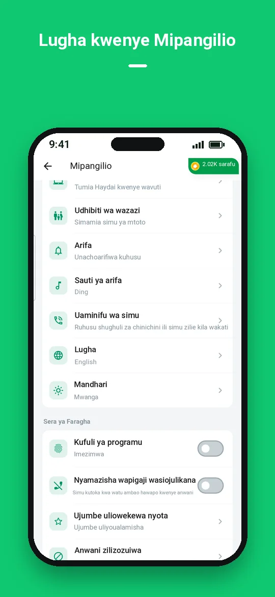 Lugha kwenye Mipangilio — Haydai