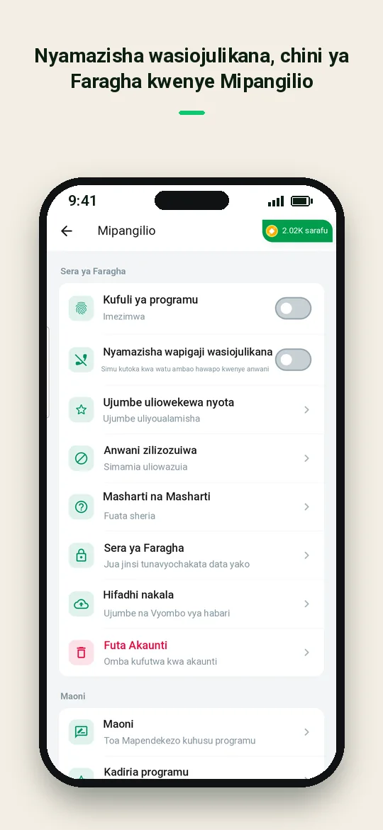 Nyamazisha wasiojulikana, chini ya Faragha kwenye Mipangilio — Haydai