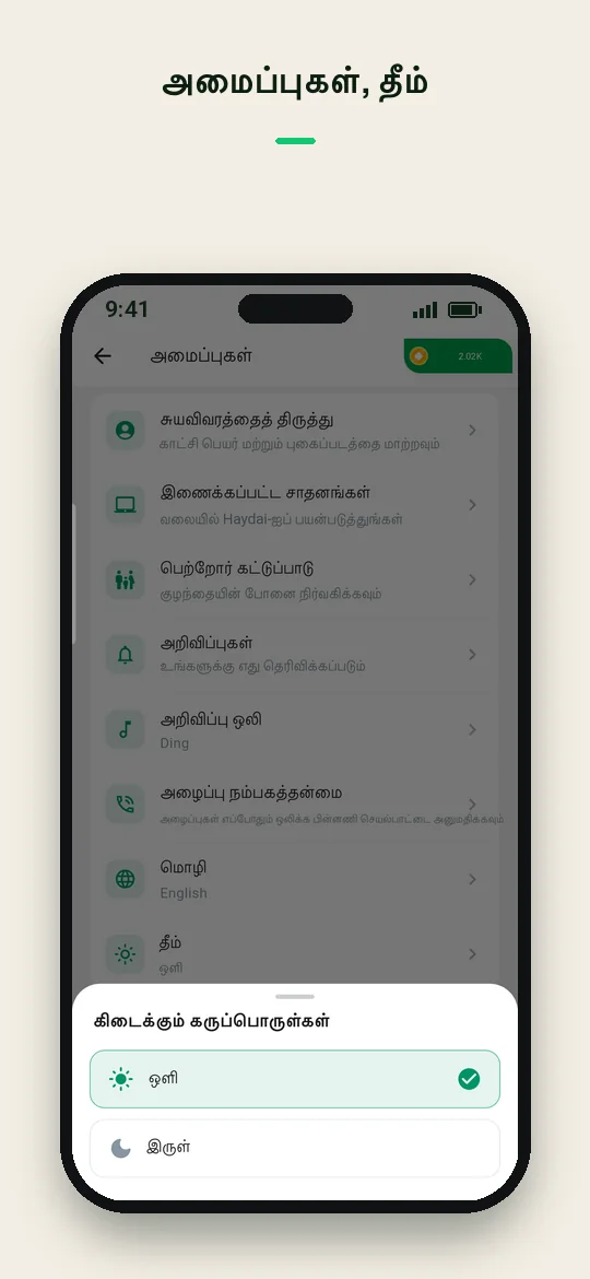 அமைப்புகள், தீம் — Haydai