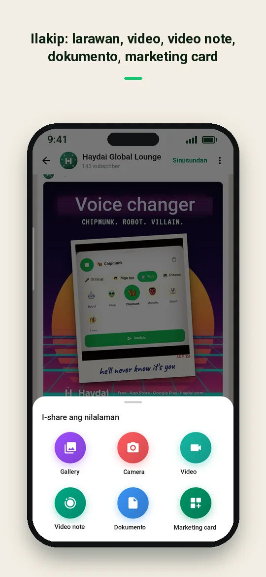 Ilakip: larawan, video, video note, dokumento, marketing card — Haydai