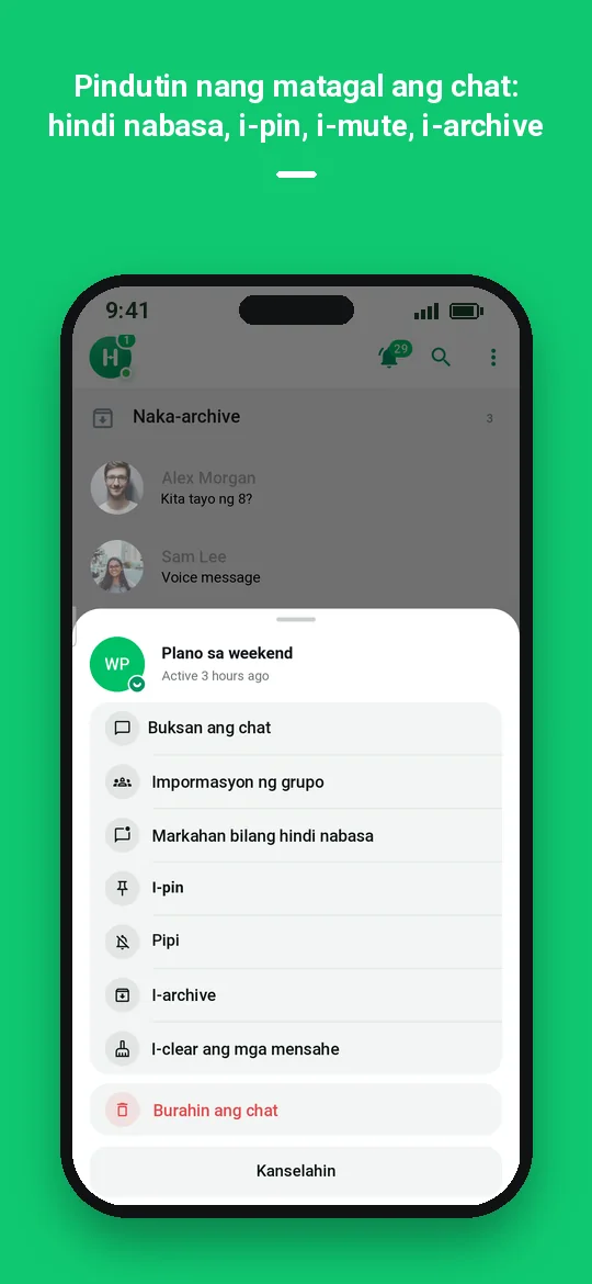 Pindutin nang matagal ang chat: hindi nabasa, i-pin, i-mute, i-archive — Haydai