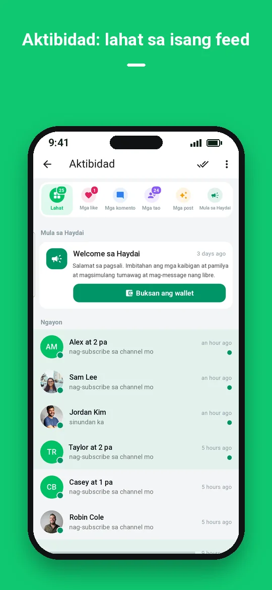Aktibidad: lahat sa isang feed — Haydai