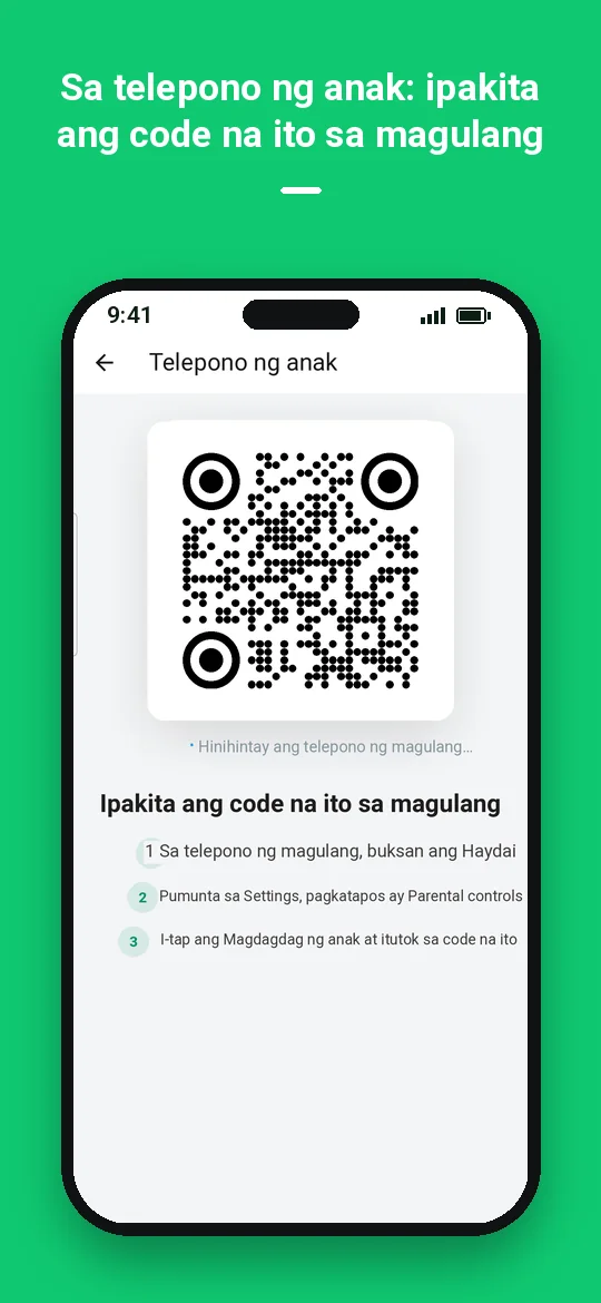 Sa telepono ng anak: ipakita ang code na ito sa magulang — Haydai